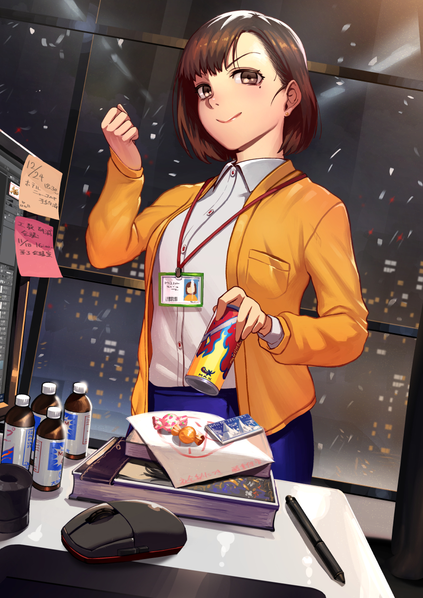 1girl bangs blue_skirt book brown_eyes brown_hair can candy cityscape energy_drink food hand_up highres holding holding_can id_card indoors jacket lanyard looking_at_viewer mole mole_under_eye monitor mouse_(computer) name_tag orange_jacket original saumaro skirt smile sticky_note stylus table window wrapped_candy