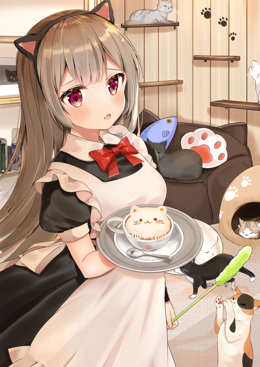 1girl :o animal animal_ears apron black_dress black_hairband blush bow bowtie breasts brown_hair cat cat_ears collared_dress commentary_request couch cup dress fake_animal_ears fang frilled_apron frills hairband highres holding holding_tray indoors katsushika_pachi long_hair looking_at_viewer maid maid_headdress original parted_lips puffy_short_sleeves puffy_sleeves red_neckwear saucer short_sleeves small_breasts solo spoon standing tray very_long_hair violet_eyes white_apron wooden_wall wrist_cuffs