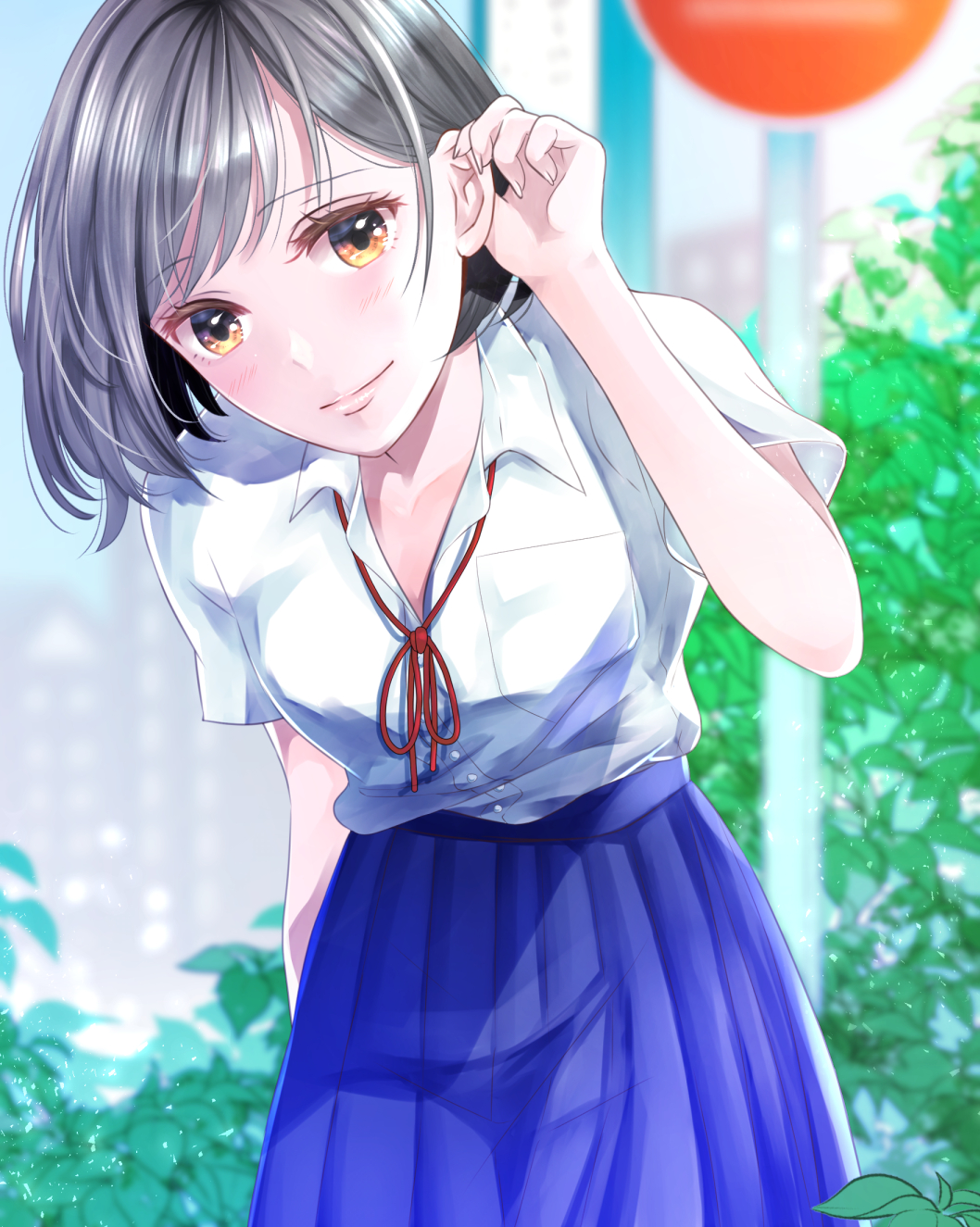 1girl bangs black_hair blue_skirt blurry blurry_background blush brown_eyes day hand_up highres hosizora188 leaning_forward looking_at_viewer medium_hair original outdoors pocket red_ribbon ribbon school_uniform shirt short_sleeves skirt smile white_shirt