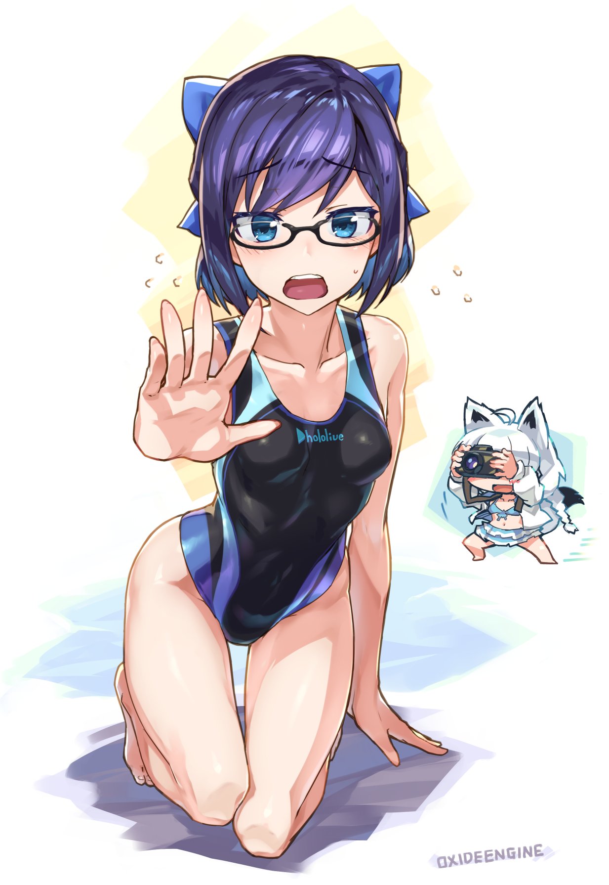 2girls ahoge alternate_costume animal_ears artist_name bare_shoulders barefoot black-framed_eyewear blue_eyes blue_hair blue_swimsuit bow braid breasts camera collarbone covered_navel eyebrows_visible_through_hair feet fox_ears glasses groin hair_bow hair_ornament highres holding holding_camera hololive kneeling knees long_hair looking_at_viewer multiple_girls one-piece_swimsuit open_mouth shadow shirakami_fubuki short_hair small_breasts sweat swimsuit swimsuit_skirt tail taking_picture thighs tokino_sora_channel tomonao upper_teeth virtual_youtuber white_background white_hair yuujin_a_(tokino_sora_channel)