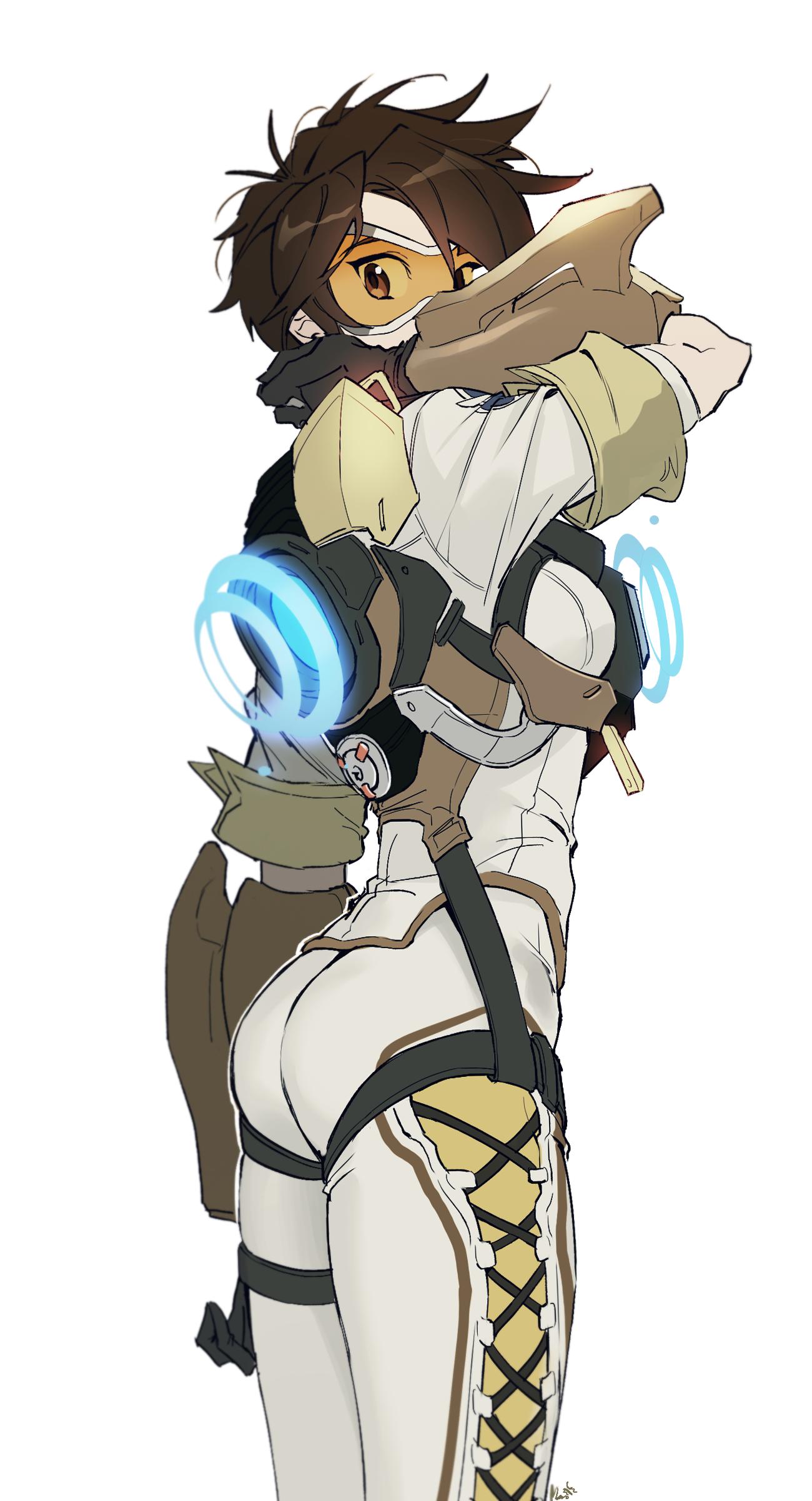 1girl absurdres arm_up artist_name ass bangs black_gloves bodysuit brown_eyes brown_hair commentary_request from_behind gloves goggles hand_on_own_neck harness highres looking_at_viewer looking_back maro_(lij512) overwatch short_hair short_sleeves simple_background solo spiky_hair standing tracer_(overwatch) white_background