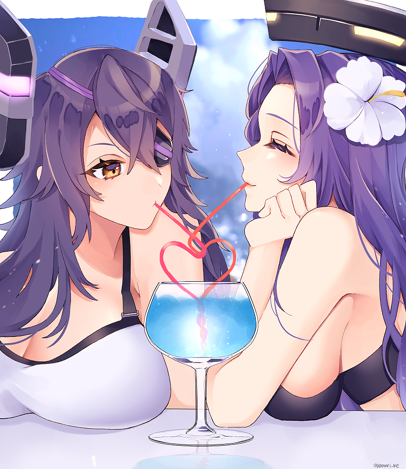 1girl alternate_sleeve_length bikini black_bikini blue_sky breasts closed_eyes clouds commentary_request drinking_straw eyepatch headgear kantai_collection kozu_(bloomme1_me) large_breasts long_hair mechanical_halo purple_hair shared_drink sipping sky solo swimsuit tatsuta_(kantai_collection) tenryuu_(kantai_collection) upper_body white_bikini yellow_eyes
