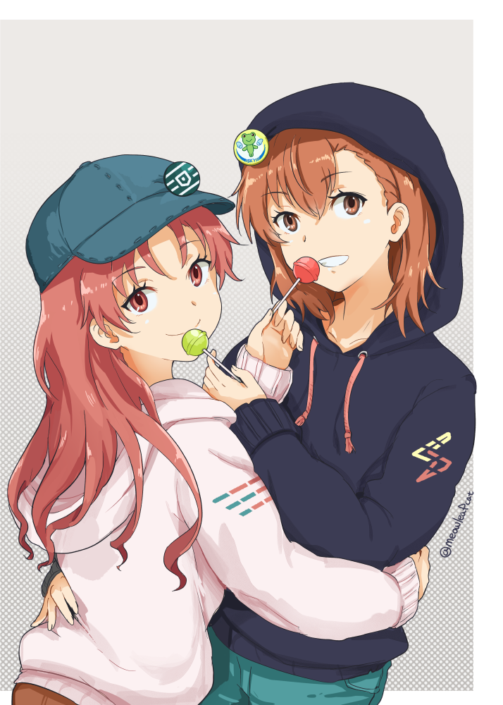 1girl black_sweater blue_headwear brown_eyes candy cowboy_shot denim food gekota ha_neko hood hooded_sweater hoodie hug jeans lollipop long_hair misaka_mikoto pants parka pink_sweater shirai_kuroko short_hair solo sweater to_aru_kagaku_no_railgun to_aru_majutsu_no_index twintails twitter_username two-tone_background