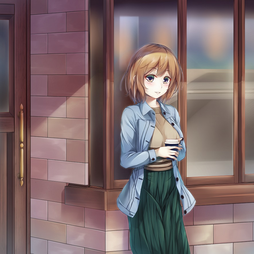 1girl bangs blue_jacket blush breasts brick_wall brown_eyes brown_hair brown_shirt commentary_request cup day disposable_cup door eyebrows_visible_through_hair green_skirt hinoka_(allen) holding holding_cup jacket looking_at_viewer medium_breasts open_clothes open_jacket original outdoors parted_lips pleated_skirt shirt skirt solo window