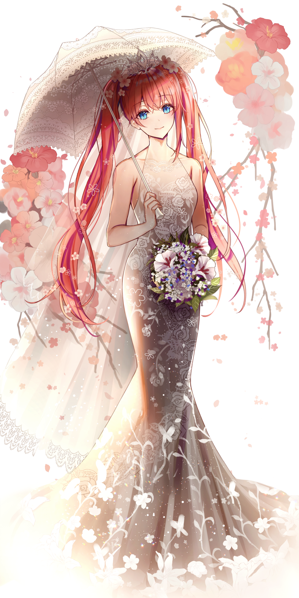 1girl bangs bare_arms bare_shoulders blue_eyes blush bouquet closed_eyes commentary_request dress eyebrows_visible_through_hair floral_background floral_print flower flower_request full_body gintama grey_dress hair_flower hair_ornament highres holding holding_bouquet holding_umbrella kagura_(gintama) lium long_hair looking_at_viewer parasol petals pink_flower print_dress redhead rose_print simple_background single_sidelock sleeveless sleeveless_dress smile solo standing tiara twintails umbrella very_long_hair white_background white_flower