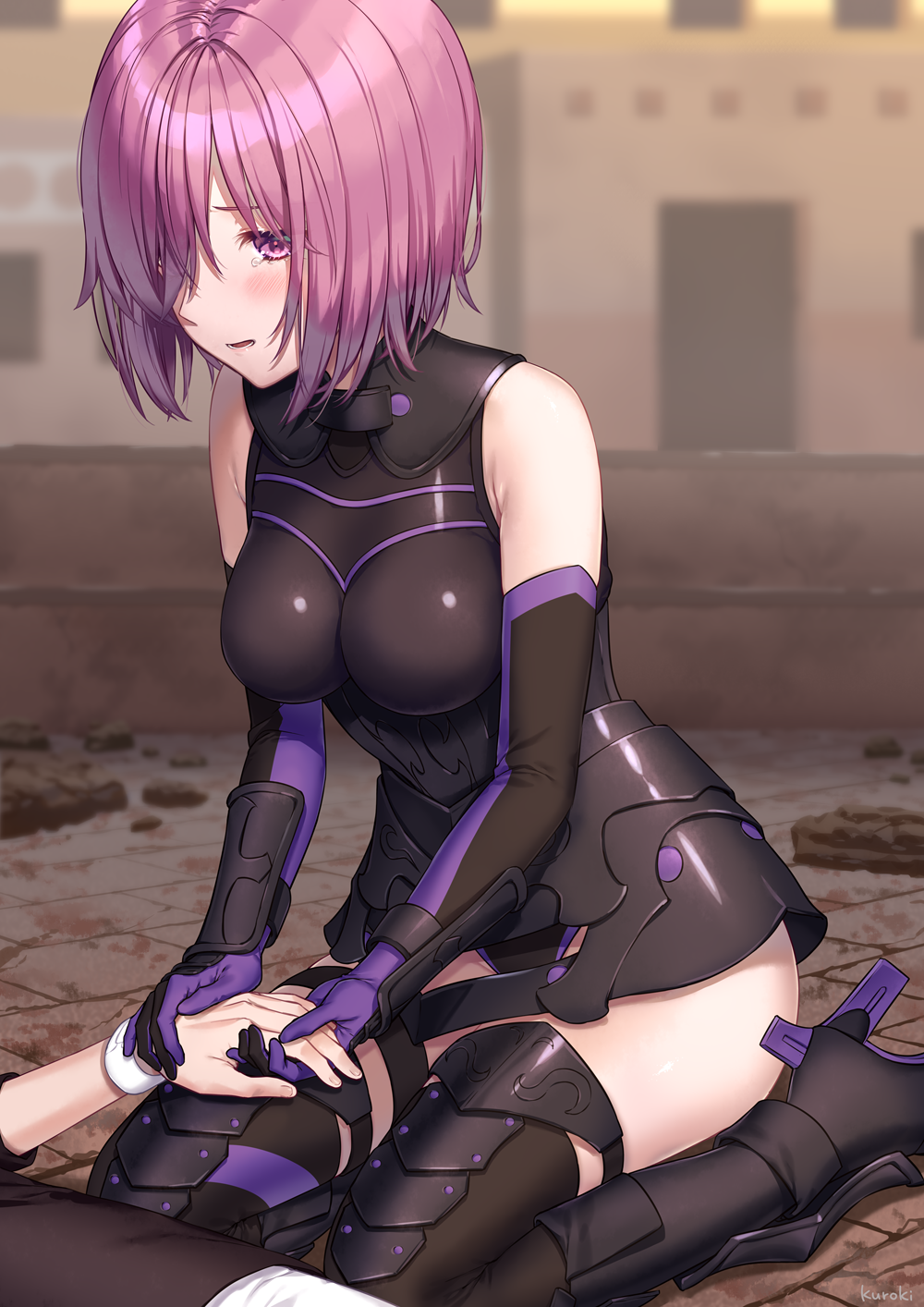 1girl armor armored_boots boots breasts fate/grand_order fate_(series) gauntlets hair_over_one_eye high_heel_boots high_heels highres holding_hands kneeling kuroki_(ma-na-tu) large_breasts mash_kyrielight purple_hair short_hair solo solo_focus tears violet_eyes