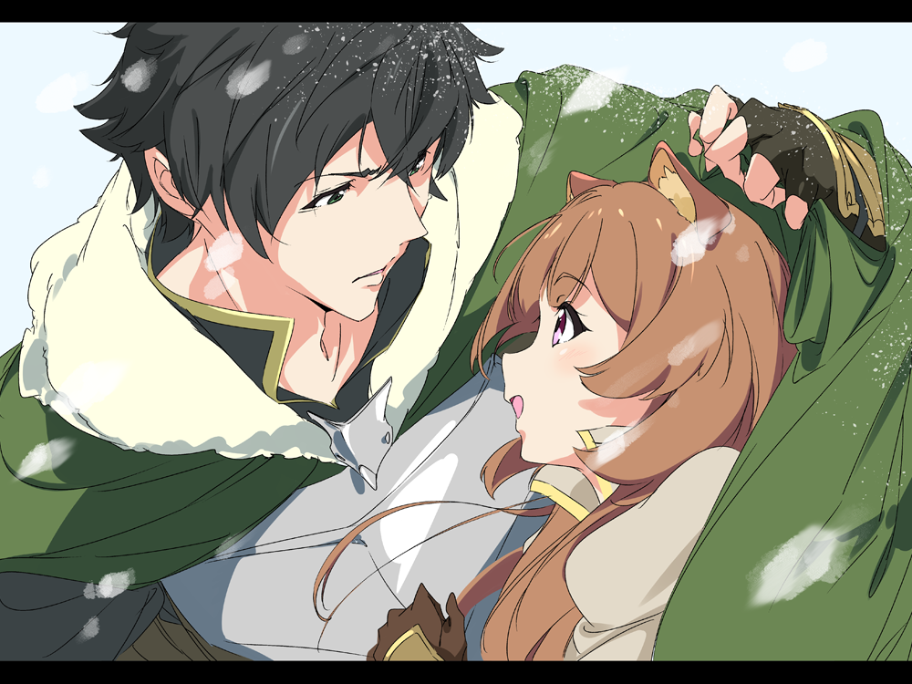 1boy 1girl animal_ear_fluff animal_ears black_gloves black_hair brown_hair cape closed_mouth commentary_request couple fingerless_gloves fur_trim gloves green_cape green_eyes iwatani_naofumi letterboxed long_hair looking_at_another open_mouth raccoon_ears raccoon_girl raphtalia short_hair smile snow tate_no_yuusha_no_nariagari umanosuke