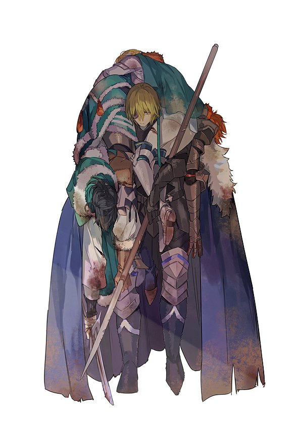 1girl 3boys a082 armor black_footwear black_hair blonde_hair blood bloody_clothes boots capelet carrying carrying_over_shoulder carrying_under_arm cloak commentary dimitri_alexandre_blaiddyd eyepatch felix_hugo_fraldarius fire_emblem fire_emblem:_three_houses full_body fur_trim gauntlets ingrid_brandl_galatea injury knee_boots lance long_sleeves multiple_boys orange_hair polearm short_hair simple_background sword sylvain_jose_gautier topknot weapon white_background