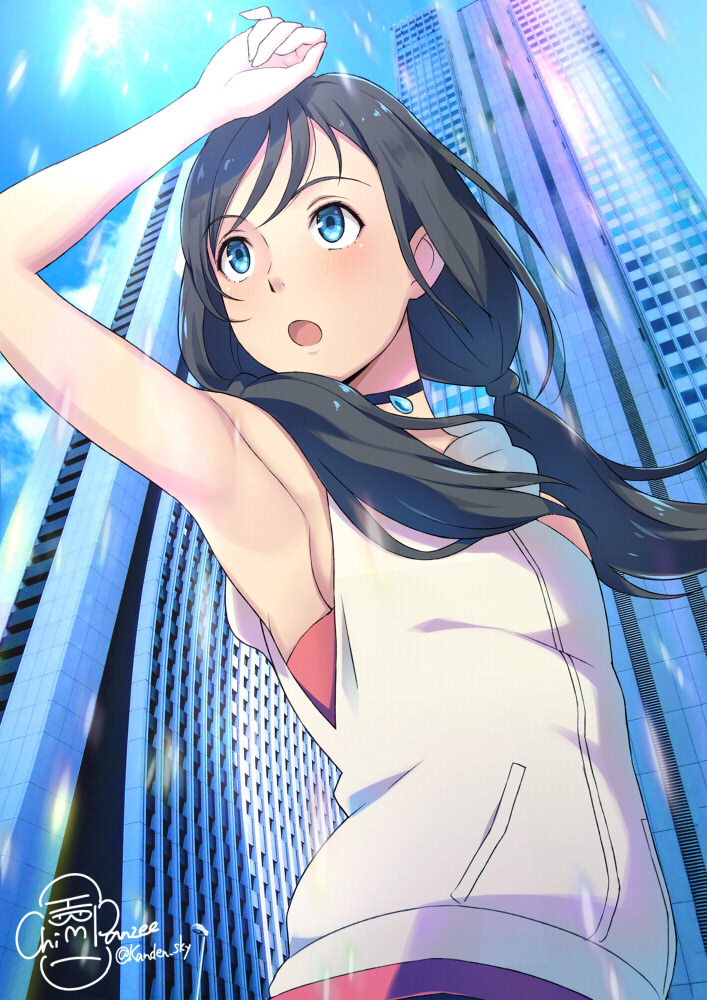 1girl :o amano_hina_(tenki_no_ko) armpits black_hair blue_eyes blue_sky choker flare hood hood_down hooded_jacket jacket kanden_suki long_hair looking_up low_twintails shinjuku sky sleeveless sleeveless_jacket solo tenki_no_ko twintails