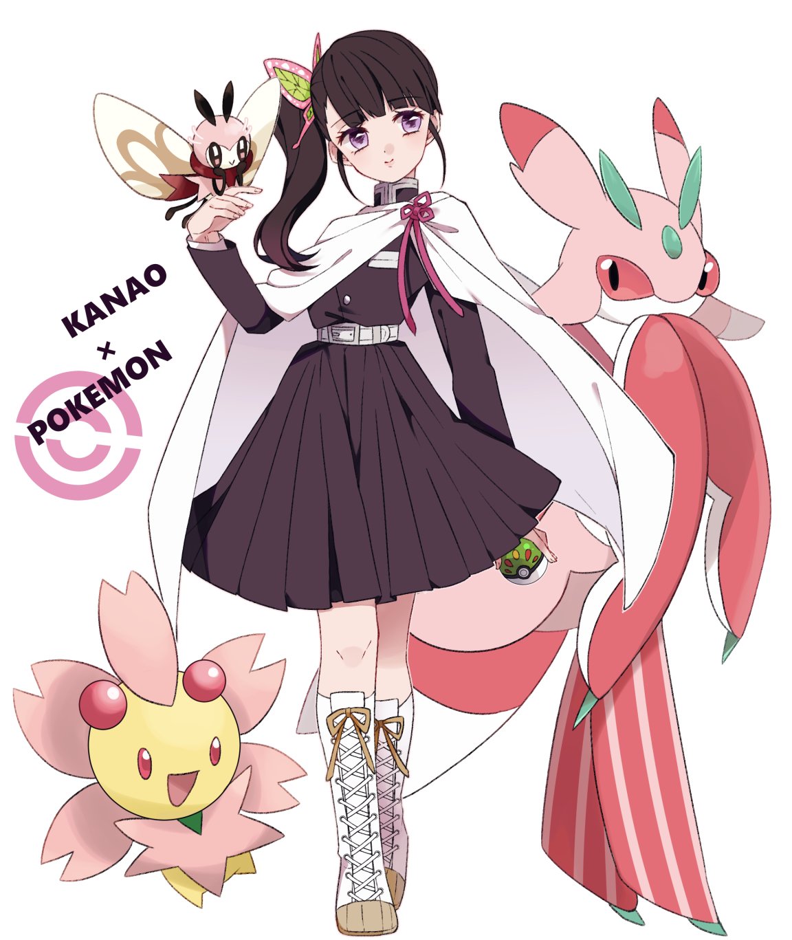 1girl akym animal animal_on_hand black_hair boots butterfly_hair_ornament cape character_name cherrim commentary_request cross-laced_footwear crossover cutiefly full_body hair_ornament highres kimetsu_no_yaiba long_hair lurantis poke_ball pokemon pokemon_(creature) side_ponytail simple_background standing tsuyuri_kanao violet_eyes white_background white_cape white_footwear