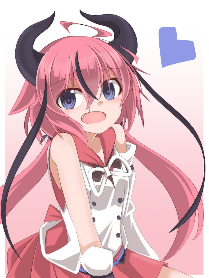 1other ahoge ao_(aoblueao) bangs bare_shoulders black_hair curled_horns detached_sleeves eyebrows_visible_through_hair fang gradient gradient_background hair_between_eyes heart horns long_hair long_sleeves looking_at_viewer low_twintails meika_hime multicolored_hair open_mouth pink_background pink_hair pleated_skirt red_skirt shirt single_detached_sleeve skirt sleeveless sleeveless_shirt solo streaked_hair twintails very_long_hair violet_eyes vocaloid white_background white_shirt white_sleeves