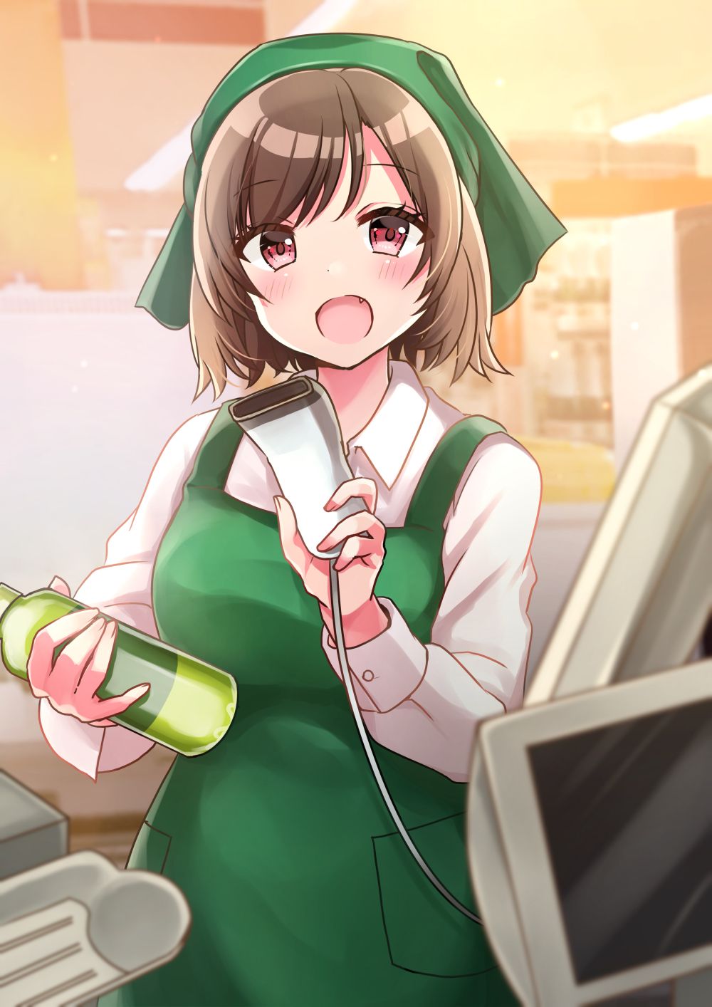 1girl :d apron bangs blurry blurry_background blush bottle breasts brown_hair collared_shirt commentary_request depth_of_field employee_uniform eyebrows_visible_through_hair fang green_apron head_scarf highres holding holding_bottle long_sleeves looking_at_viewer minami_saki open_mouth original red_eyes shirt small_breasts smile solo supermarket uniform white_shirt