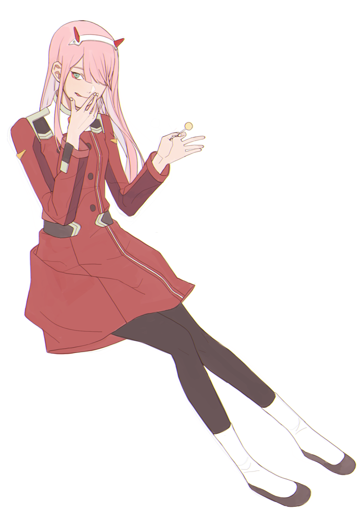 1girl bangs black_legwear candy darling_in_the_franxx food green_eyes hair_over_one_eye hairband hand_up horns invisible_chair licking_lips lollipop long_hair long_sleeves looking_at_viewer military military_uniform oni_horns pantyhose pil_tor pink_hair red_horns simple_background sitting solo tongue tongue_out uniform white_background zero_two_(darling_in_the_franxx)