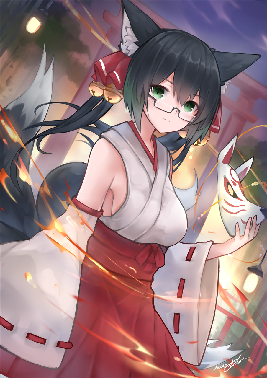 1girl animal_ear_fluff animal_ears bangs bare_shoulders bell black_hair breasts commentary detached_sleeves english_commentary eyebrows_visible_through_hair fox_ears fox_mask fox_tail frown glasses green_eyes green_hair hair_bell hair_between_eyes hair_ornament hair_ribbon hakama highres holding holding_mask japanese_clothes jingle_bell kemonomimi_mode long_hair looking_at_viewer mask medium_breasts miko multicolored_hair multiple_tails neonbeat original outdoors rectangular_eyewear red_hakama red_ribbon ribbon ribbon-trimmed_sleeves ribbon_trim semi-rimless_eyewear signature solo tail tharkis torii twintails under-rim_eyewear wide_sleeves