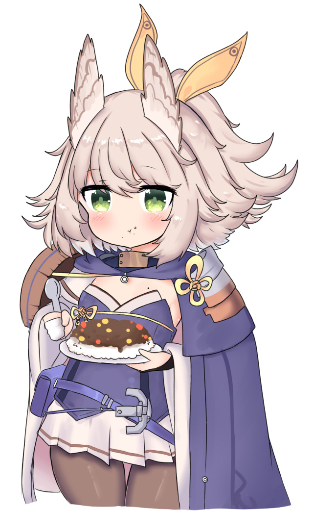 1girl :t azur_lane bailingxiao_jiu bangs blue_cloak blue_sleeves blush breasts brown_legwear cloak closed_mouth cropped_torso detached_sleeves eating eyebrows_visible_through_hair food food_on_face gloves green_eyes grey_hair hair_between_eyes hair_ribbon high_ponytail holding holding_plate holding_spoon kitakaze_(azur_lane) long_sleeves mole mole_on_breast pantyhose partly_fingerless_gloves plate pleated_skirt ponytail ribbon simple_background skirt small_breasts solo spoon strapless white_background white_gloves white_skirt wide_sleeves yellow_ribbon