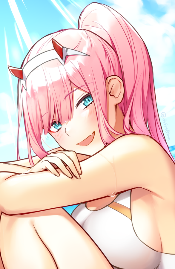 1girl :d bangs blue_sky breasts clouds darling_in_the_franxx day eyebrows_visible_through_hair fang large_breasts light_rays long_hair looking_at_viewer one-piece_swimsuit open_mouth pink_hair ponytail red_horns sitting sky smile solo sunbeam sunlight swimsuit toma_(norishio) white_swimsuit zero_two_(darling_in_the_franxx)
