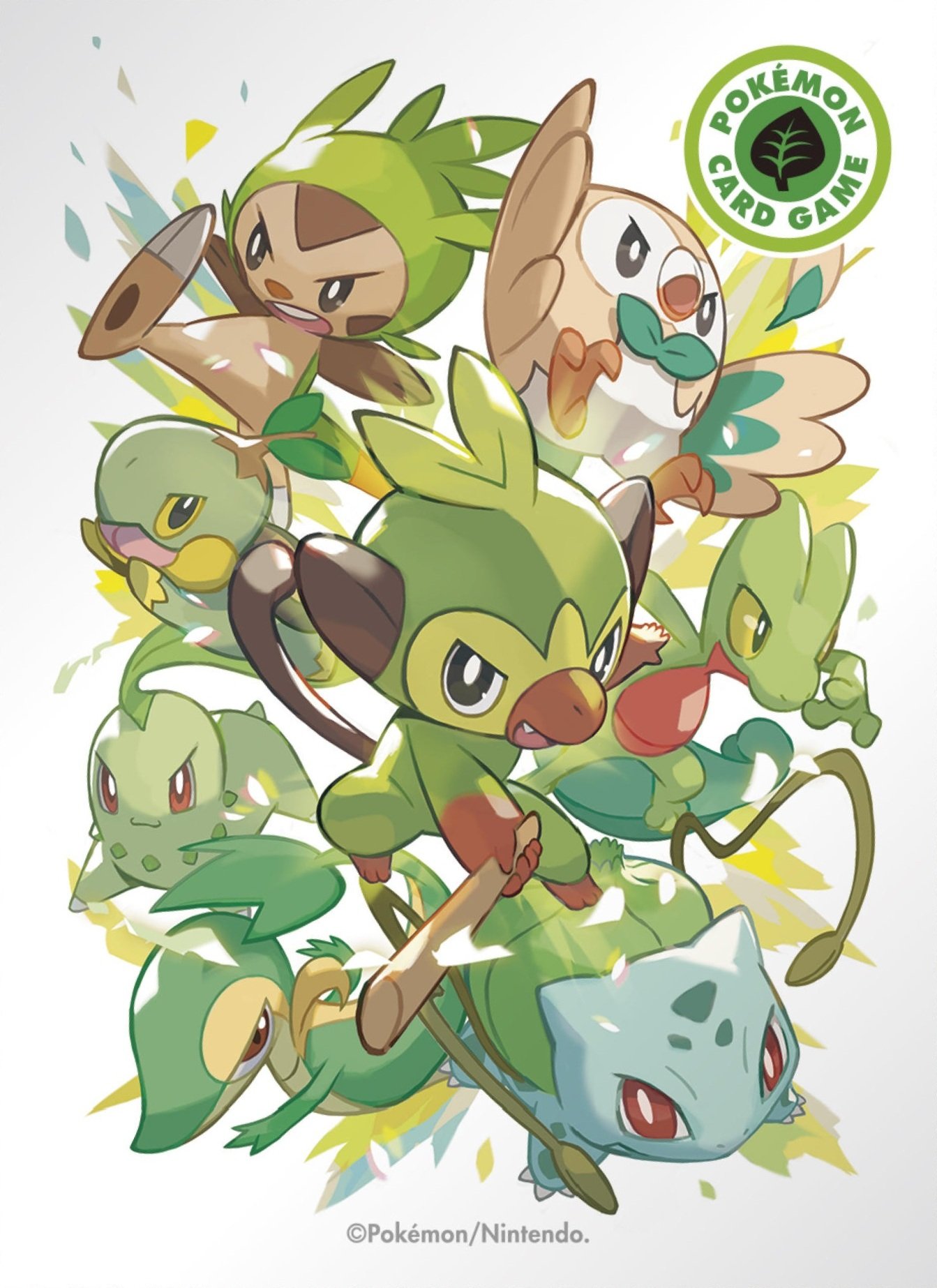 6+others beak bulbasaur chespin chikorita copyright copyright_name fangs flying_kick gen_1_pokemon gen_2_pokemon gen_3_pokemon gen_4_pokemon gen_5_pokemon gen_6_pokemon gen_7_pokemon gen_8_pokemon grookey highres kicking looking_at_viewer multiple_others nintendo official_art pokemon pokemon_(creature) pokemon_trading_card_game red_eyes rowlet simple_background snivy stick tail tentacles treecko turtwig wings