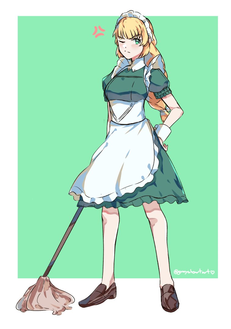 1girl anger_vein blonde_hair closed_mouth fire_emblem fire_emblem:_three_houses full_body graysheartart green_background green_eyes holding_mop ingrid_brandl_galatea long_hair maid maid_headdress mop one_eye_closed short_sleeves simple_background solo twitter_username wrist_cuffs