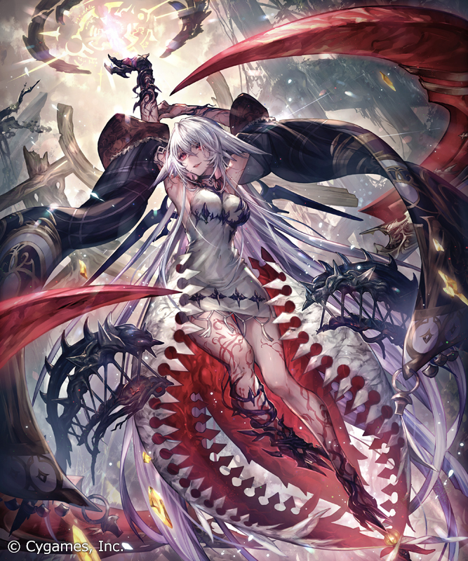 1girl absurdly_long_hair breasts dress ell_(ellnun) grey_hair large_breasts long_hair no_shoes official_art open_mouth original red_eyes shadowverse very_long_hair