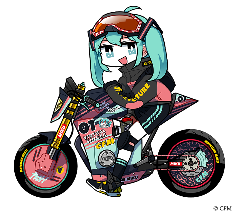 :d ahoge aqua_eyes aqua_hair backpack bag bangs black_gloves black_legwear black_shorts character_name clothes_writing commentary_request crossed_arms crypton_future_media from_side full_body gloves goggles goggles_on_head ground_vehicle hatsune_miku jacket knee_pads long_hair looking_at_viewer motor_vehicle motorcycle open_mouth partial_commentary shoes shorts simple_background smile sneakers socks sticker striped turtleneck twintails vocaloid white_background yuui_thiigo