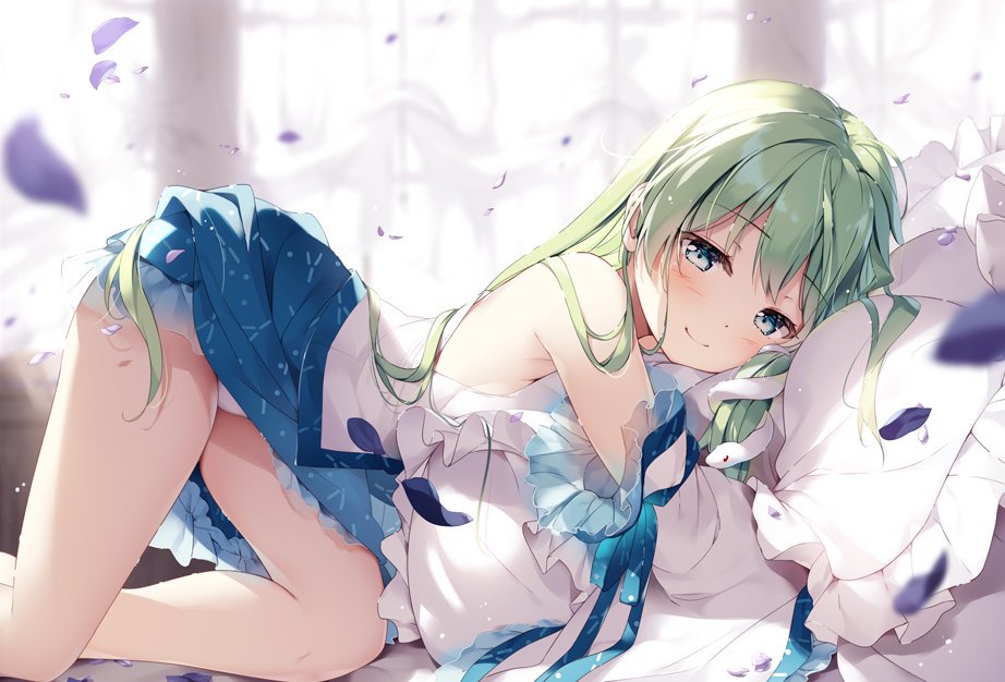 1girl bangs blue_eyes blue_skirt blush commentary_request detached_sleeves eyebrows_visible_through_hair feet_out_of_frame from_side green_hair hair_ornament indoors kochiya_sanae long_hair long_sleeves looking_at_viewer miniskirt miyase_mahiro panties pantyshot petals pillow shirt skirt smile snake_hair_ornament solo thighs top-down_bottom-up touhou underwear white_panties white_shirt