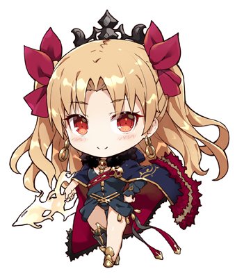 1girl asymmetrical_legwear asymmetrical_sleeves bangs black_dress black_legwear blonde_hair blush breasts cape chibi dress earrings ereshkigal_(fate/grand_order) eyebrows_visible_through_hair fate/grand_order fate_(series) full_body gabiran hair_ribbon jewelry kneehighs long_hair long_sleeves lowres medium_breasts meslamtaea_(weapon) red_eyes ribbon single_kneehigh single_sleeve skull smile solo standing tiara two_side_up very_long_hair white_background yellow_cape