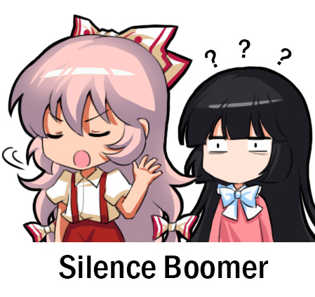 2girls ? bangs black_hair bow bowtie chibi chinese_commentary closed_eyes commentary_request constricted_pupils cowboy_shot english_text eyebrows_visible_through_hair fujiwara_no_mokou hair_between_eyes hair_bow hand_up houraisan_kaguya jitome long_hair long_sleeves looking_at_viewer lowres multiple_girls open_mouth pants pink_hair pink_shirt puffy_short_sleeves puffy_sleeves red_pants shangguan_feiying shirt short_sleeves simple_background standing suspenders touhou upper_body v-shaped_eyebrows very_long_hair white_background white_bow white_neckwear white_shirt
