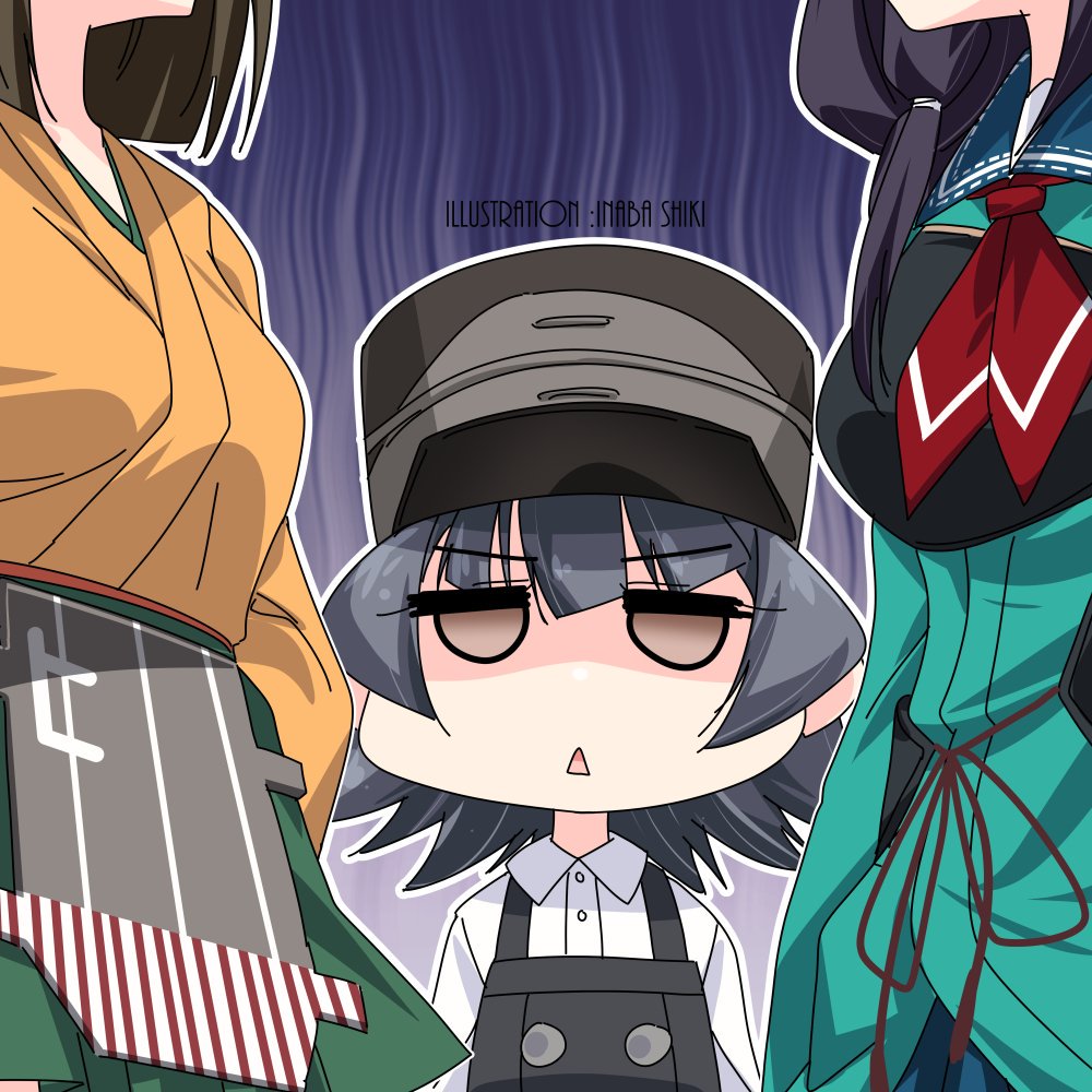 3girls arare_(kantai_collection) artist_name black_hair breast_envy brown_eyes commentary_request dress gloom_(expression) hat head_out_of_frame hiryuu_(kantai_collection) inaba_shiki kantai_collection long_hair long_sleeves multiple_girls pinafore_dress remodel_(kantai_collection) ryuuhou_(kantai_collection) shirt short_hair taigei_(kantai_collection) triangle_mouth white_shirt
