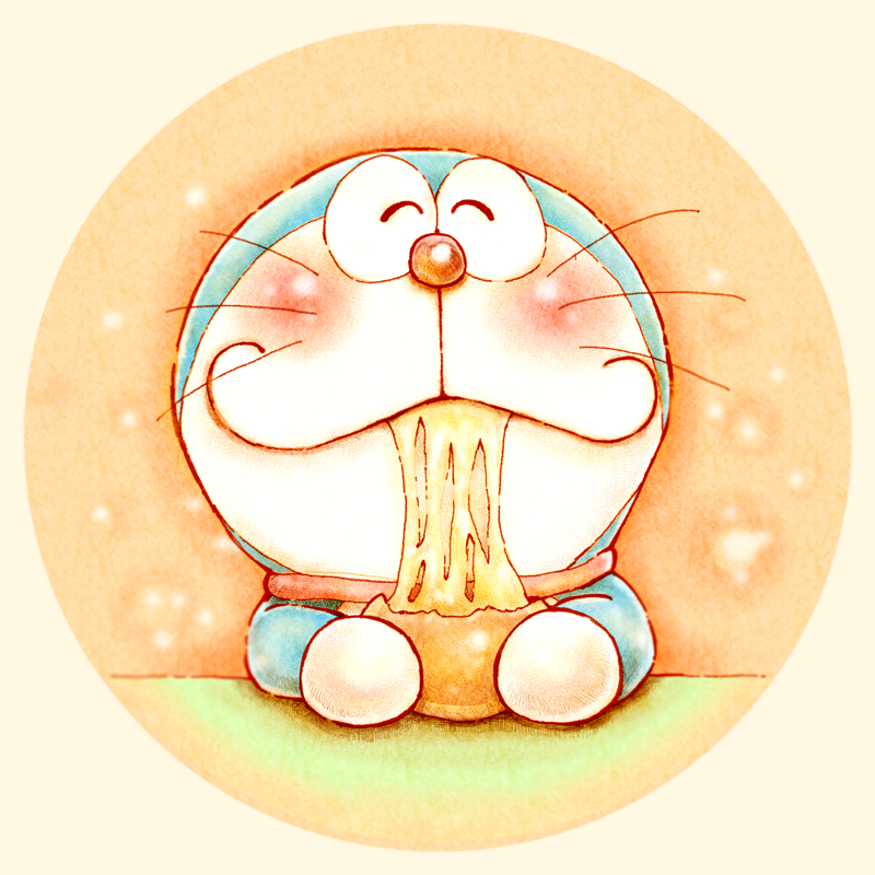 :3 ^_^ bell bell_collar blush cheese_trail closed_eyes collar doraemon doraemon_(character) eating food happy holding holding_food kamo_kamo robot solo upper_body