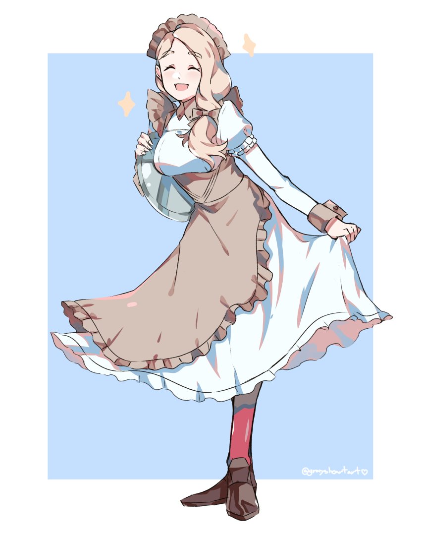 1girl blonde_hair blue_background bow closed_eyes fire_emblem fire_emblem:_three_houses full_body graysheartart hair_bow holding holding_tray long_hair long_sleeves low_ponytail maid maid_headdress mercedes_von_martritz open_mouth pantyhose simple_background solo tray twitter_username