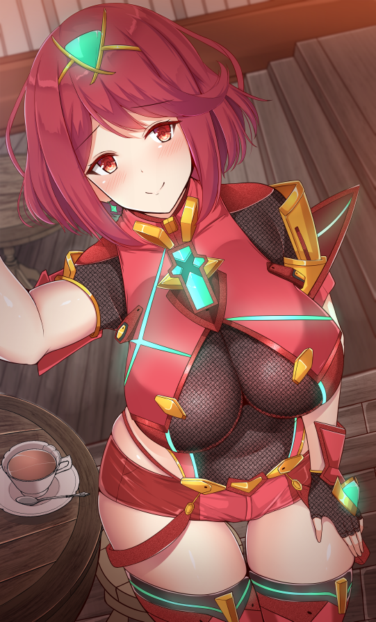 1girl armor bangs blush breasts chair covered_navel cup eyebrows_visible_through_hair fingerless_gloves gem gloves glowing hair_ornament headpiece pyra_(xenoblade) indoors jewelry large_breasts noeomi pantyhose pose red_eyes red_shorts redhead short_shorts shorts shoulder_armor skindentation smile solo spoon swept_bangs table tea tiara xenoblade_(series) xenoblade_2