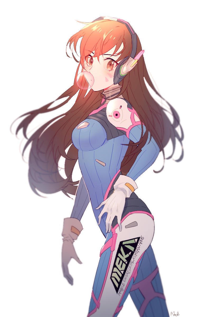 1girl artist_name bangs blush bodysuit breasts brown_eyes brown_hair bubble chewing_gum collar commentary d.va_(overwatch) english_text eyebrows_visible_through_hair facepaint facial_mark from_side gloves headphones highres long_hair long_sleeves looking_at_viewer maro_(lij512) medium_breasts overwatch pilot_suit simple_background solo standing whisker_markings white_background white_gloves