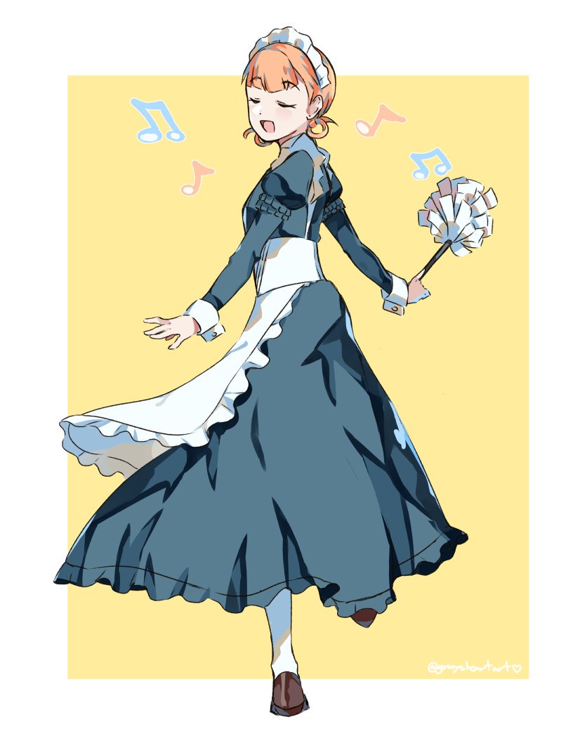 1girl annette_fantine_dominic closed_eyes fire_emblem fire_emblem:_three_houses full_body graysheartart long_sleeves maid maid_headdress musical_note open_mouth orange_hair simple_background solo twintails twitter_username white_legwear yellow_background