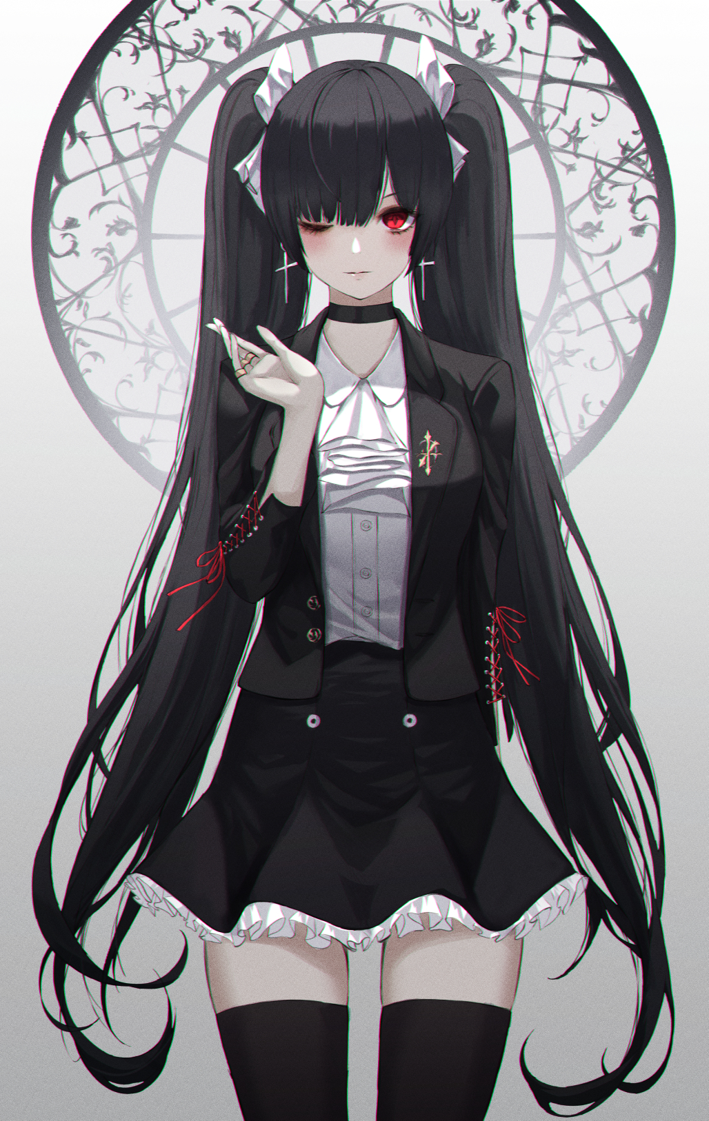 1girl bangs black_choker black_hair black_jacket black_legwear black_skirt blunt_bangs bow choker cowboy_shot cross cross_earrings earrings frilled_skirt frills hair_bow highres jacket jewelry long_hair long_sleeves looking_at_viewer miniskirt neon_(pixiv_31150749) one_eye_closed open_clothes open_jacket original red_eyes shirt skirt solo thigh-highs twintails very_long_hair white_bow white_shirt zettai_ryouiki