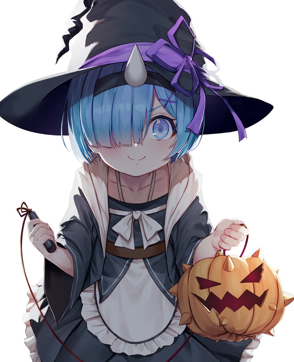 1girl apron ball_and_chain black_dress black_hairband blue_eyes blue_hair blush dress frilled_dress frills hair_ornament hair_over_one_eye hairband halloween_costume hat highres horn looking_at_viewer pumpkin re:zero_kara_hajimeru_isekai_seikatsu rem_(re:zero) short_hair simple_background smile solo soya_(torga) waist_apron white_background wide_sleeves witch_hat x_hair_ornament