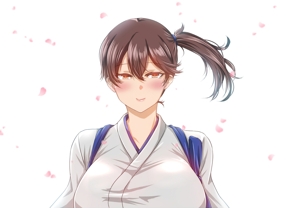 1girl blush breasts brown_eyes brown_hair cherry_blossoms closed_mouth commentary_request falling_petals hair_between_eyes hair_tie japanese_clothes kaga_(kantai_collection) kantai_collection kashiru large_breasts looking_at_viewer short_sidetail side_ponytail smile standing tasuki