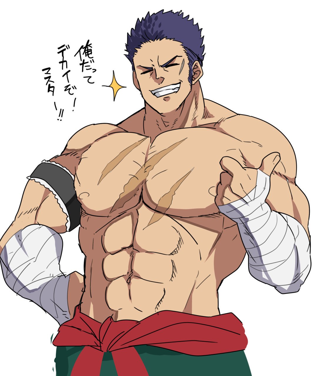 1boy abs akitokage01 bandages bara chest closed_eyes fate/grand_order fate_(series) fergus_mac_roich_(fate/grand_order) highres looking_at_viewer male_focus manly muscle nipples pants pectorals purple_hair scar sketch smile solo teeth thumbs_up upper_body white_background