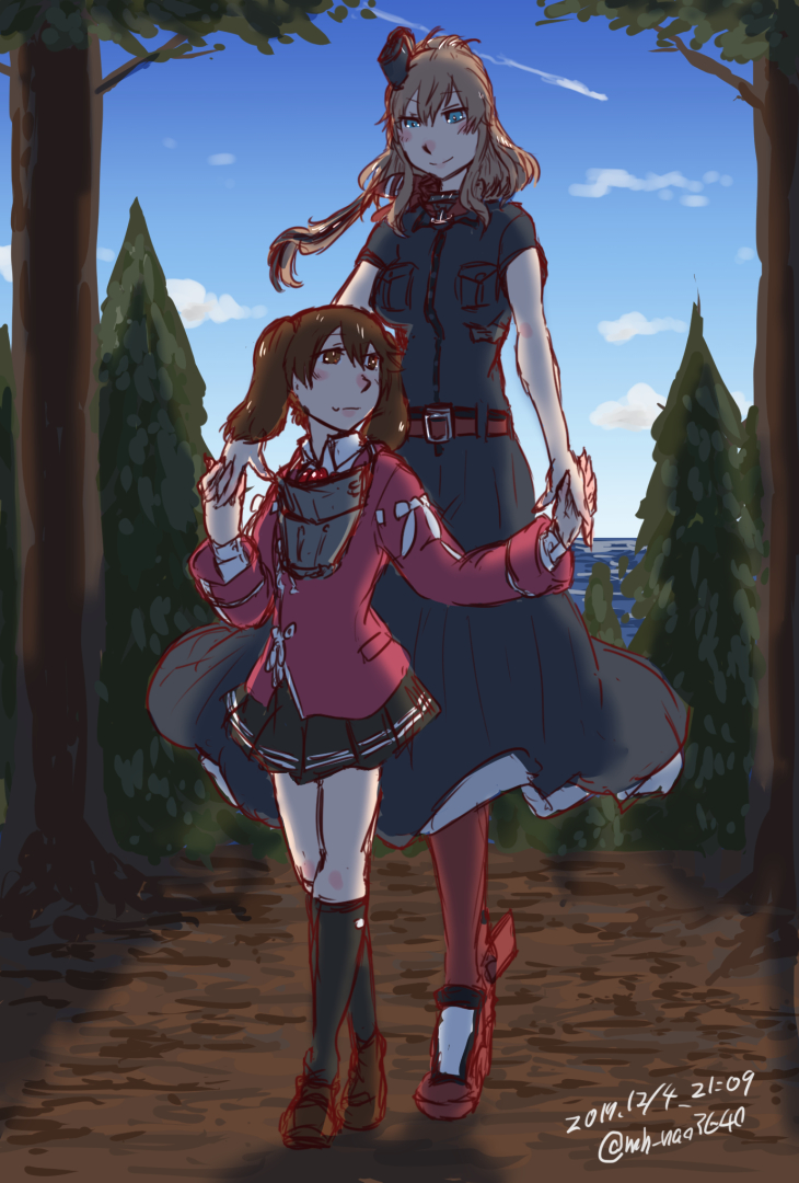 2girls blue_eyes brown_hair forest hair_between_eyes holding_hands japanese_clothes kantai_collection long_hair multiple_girls nature neckerchief outdoors ponytail red_legwear ryuujou_(kantai_collection) samusio saratoga_(kantai_collection) short_hair side_ponytail skirt twintails yuri