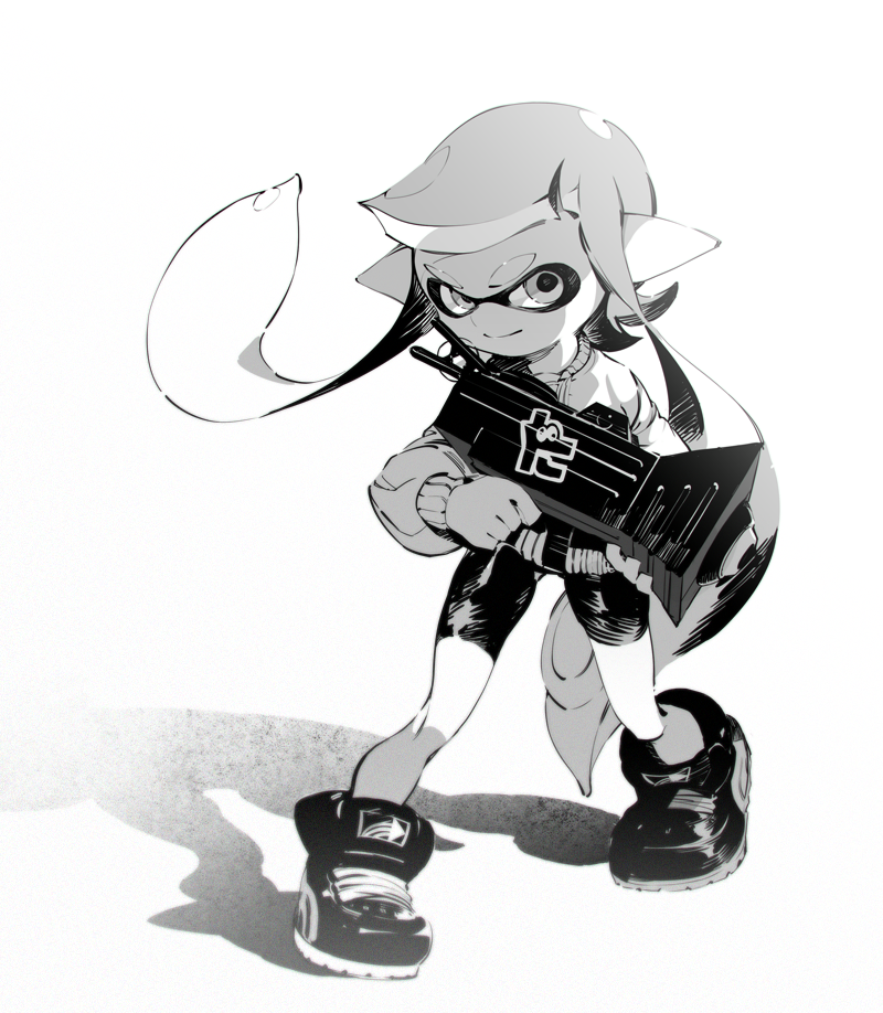 1girl bangs bike_shorts blunt_bangs closed_mouth commentary cross-laced_footwear domino_mask full_body greyscale high_tops holding holding_weapon inkling jacket long_hair long_sleeves looking_at_viewer mask monochrome pointy_ears shadow shimidu_sp shoes smile solo splatoon_(series) splatoon_2 splattershot_jr_(splatoon) standing tentacle_hair weapon