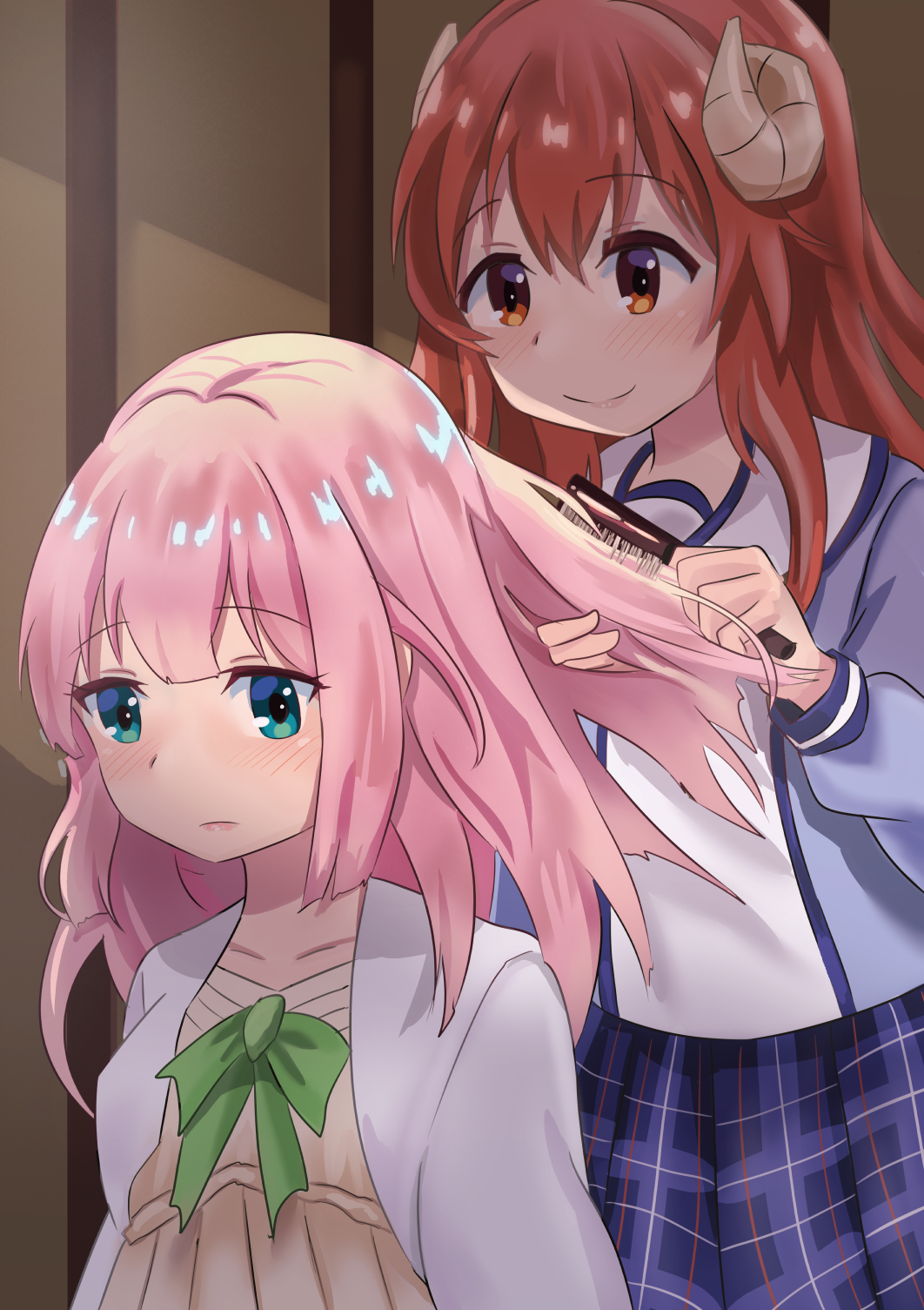 2girls alternate_hair_length alternate_hairstyle blue_eyes blush bow brush brushing_another's_hair chiyoda_momo commentary demon_girl demon_horns dress green_bow hair_brushing highres horns indoors long_hair machikado_mazoku multiple_girls pink_hair redhead school_uniform shadow skirt smile sunlight user_zjrk8527 yellow_eyes yoshida_yuuko_(machikado_mazoku)