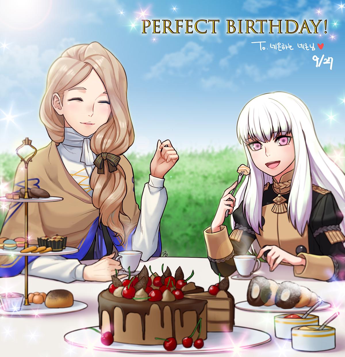 2girls adult blonde_hair blue_sky bow cake cherry closed_eyes clouds cookie cup cupcake cute day drawingddoom eating female fire_emblem fire_emblem:_three_houses fire_emblem:_three_houses food fork fruit garreg_mach_monastery_uniform hair_bow highres holding holding_fork human intelligent_systems koei_tecmo loli long_hair long_sleeves low_ponytail lysithea_von_ordelia macaron mercedes_von_martritz multiple_girls nintendo open_mouth outdoors parted_lips pink_eyes plate sitting sky table teacup uniform white_hair