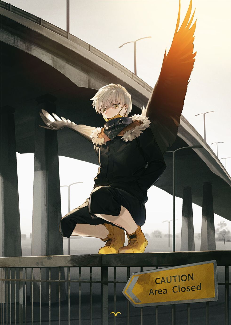 1boy black_jacket black_shorts brown_eyes day feathered_wings full_body fur_trim highres jacket lamppost light_brown_hair looking_at_viewer male_focus mask mask_removed original outdoors railing shorts sign solo squatting sunlight white_sky wings yellow_footwear yuni_(via_junk)