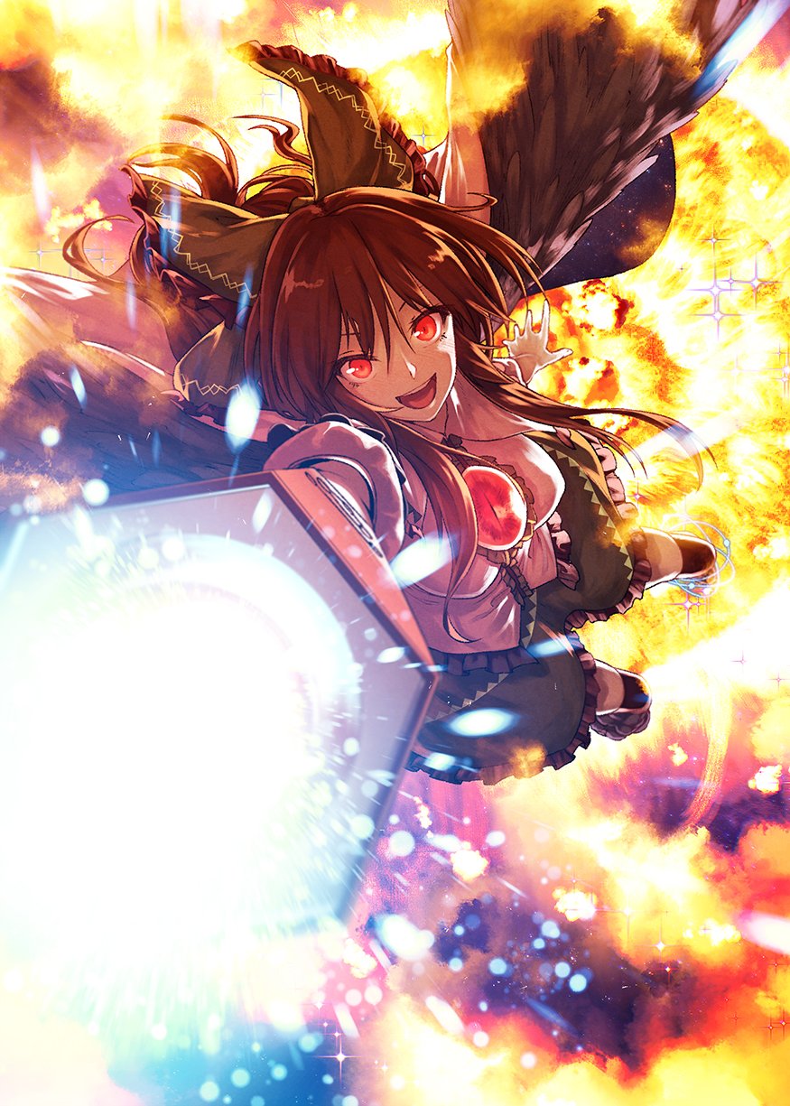 1girl arm_cannon bangs black_feathers black_hair blouse duplicate feathered_wings fire flying foreshortening green_skirt highres ibuki_notsu long_hair looking_at_viewer open_mouth ponytail red_eyes reiuji_utsuho sidelocks skirt smile solo subterranean_animism touhou upper_teeth weapon wings