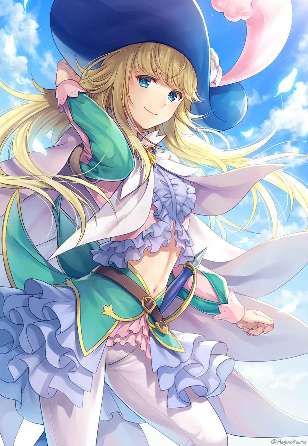 1girl belt blonde_hair blue_eyes cape chevalier_d'eon_(fate/grand_order) clouds fate/grand_order fate_(series) feathers flower frills gloves hagino_kouta hand_on_headwear hat hat_feather highres jewelry light_blue_eyes looking_at_viewer navel pants ponytail sheath sheathed sky smile sword twitter_username weapon white_cape white_pants