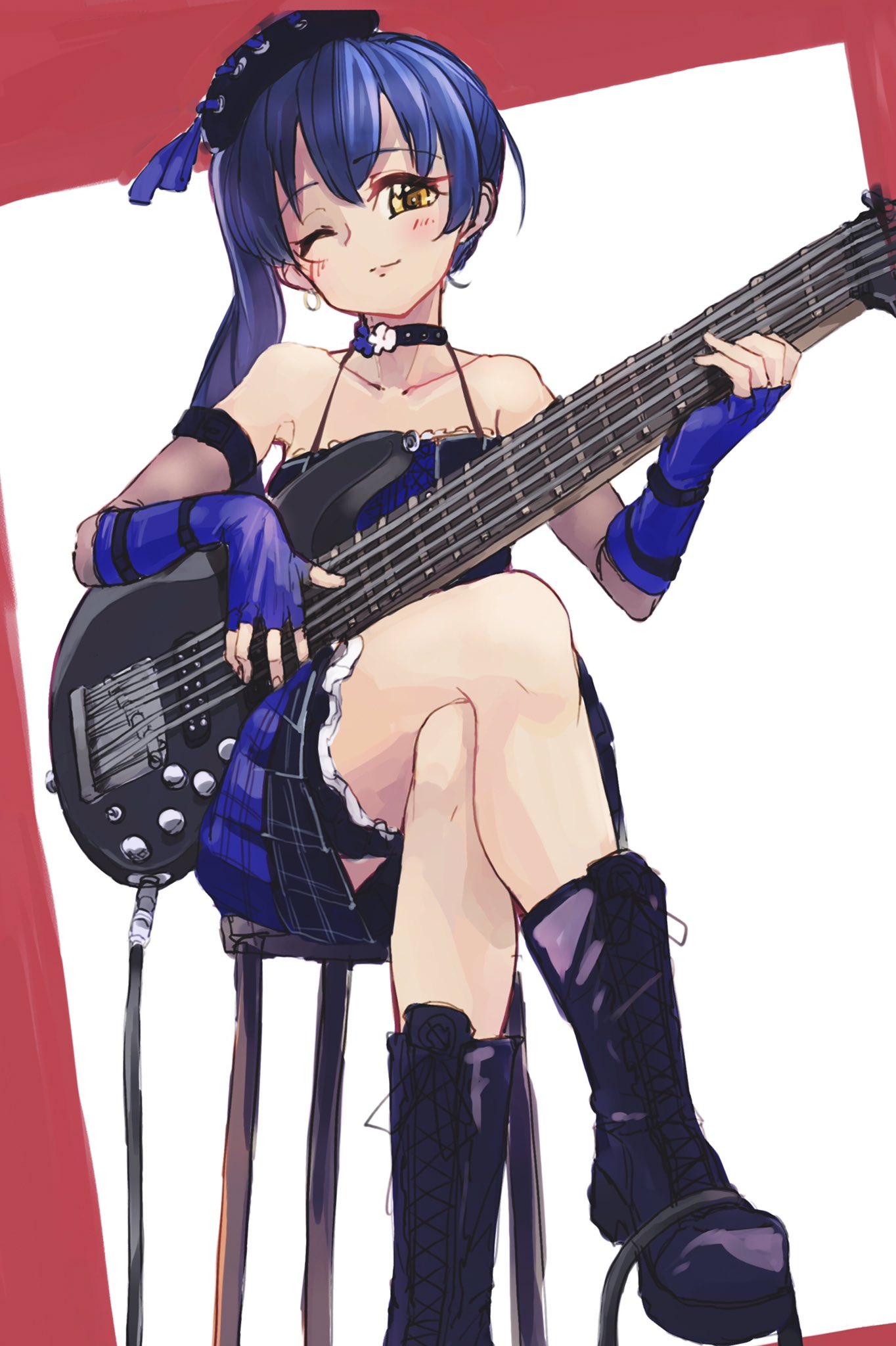 1girl bass_guitar blue_gloves blue_hair choker closed_mouth commentary_request crossed_legs fingerless_gloves gloves guitar hair_between_eyes hat highres instrument long_hair looking_at_viewer love_live! love_live!_school_idol_festival love_live!_school_idol_project one_eye_closed side_ponytail simple_background sitting smile solo sonoda_umi yellow_eyes