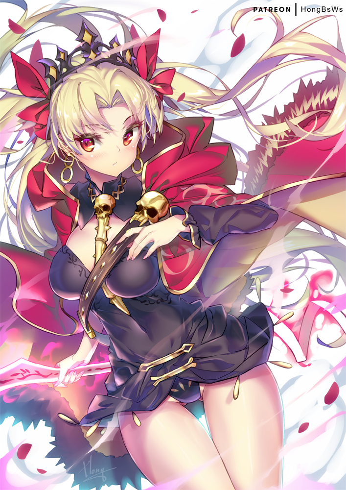 1girl bangs blonde_hair blush breasts cape commentary_request earrings ereshkigal_(fate/grand_order) eyebrows_visible_through_hair fate/grand_order fate_(series) hair_ribbon hong_(white_spider) jewelry long_hair looking_at_viewer medium_breasts parted_bangs red_eyes red_ribbon ribbon skull solo tiara two_side_up