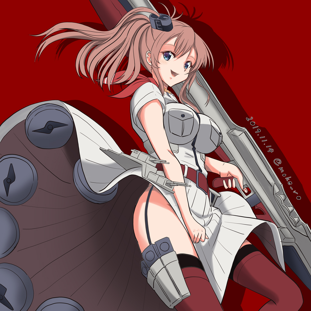 1girl anchor battle_effectiveness_award belt blue_eyes breast_pocket breasts brown_hair cowboy_shot dated dress flight_deck garter_straps grey_eyes hair_between_eyes kantai_collection large_breasts looking_at_viewer machinery magazine_(weapon) mokerou neckerchief pocket ponytail red_legwear red_neckwear saratoga_(kantai_collection) side_ponytail sidelocks smile smokestack smokestack_hair_ornament solo standing thigh-highs twitter_username white_dress