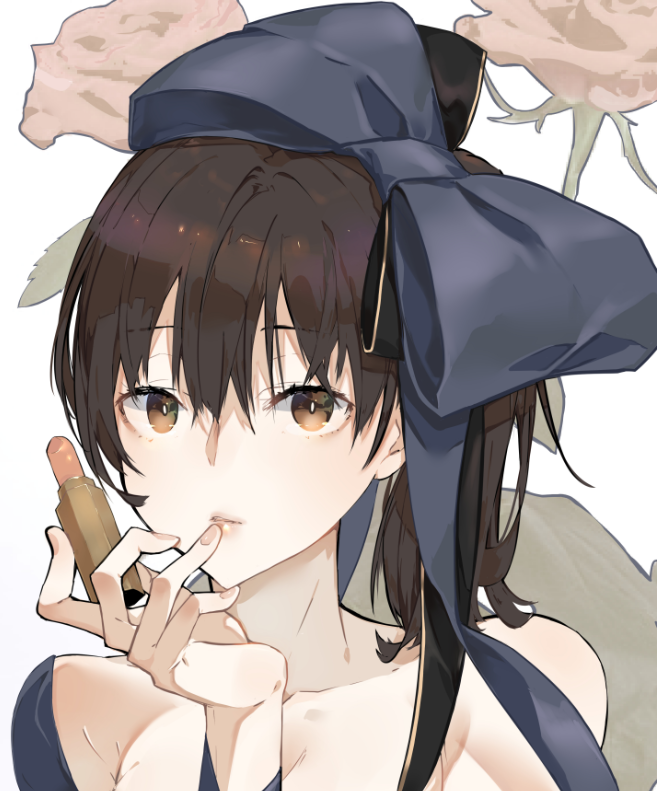 1girl blue_bow bow brown_eyes brown_hair closed_mouth eyebrows_visible_through_hair floral_background hair_between_eyes hair_bow holding_lipstick_tube kaga_(kantai_collection) kantai_collection lipstick lipstick_tube long_hair makeup nello_(luminous_darkness) side_ponytail solo