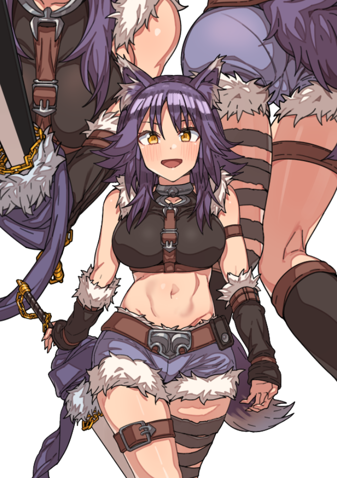 1girl aki_makoto animal_ear_fluff animal_ears arm_strap ass bangs bare_shoulders belt black_shirt blue_shorts blush breasts chain collar crop_top denim denim_shorts detached_sleeves erere fur-trimmed_shorts long_hair looking_at_viewer metal_collar midriff multiple_views navel open_mouth princess_connect! princess_connect!_re:dive purple_hair shirt short_hair shorts sidelocks simple_background smile sword tail thigh_strap thighs weapon white_background wolf_ears wolf_girl wolf_tail yellow_eyes