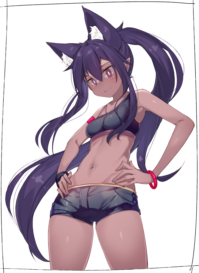 1girl animal_ear_fluff animal_ears bracelet character_request commentary_request copyright_request cowboy_shot dark_skin extra_ears hands_on_hips jewelry kei_(soundcross) long_hair looking_down navel pointy_ears ponytail purple_hair short_shorts shorts sidelocks simple_background solo sports_bra violet_eyes white_background